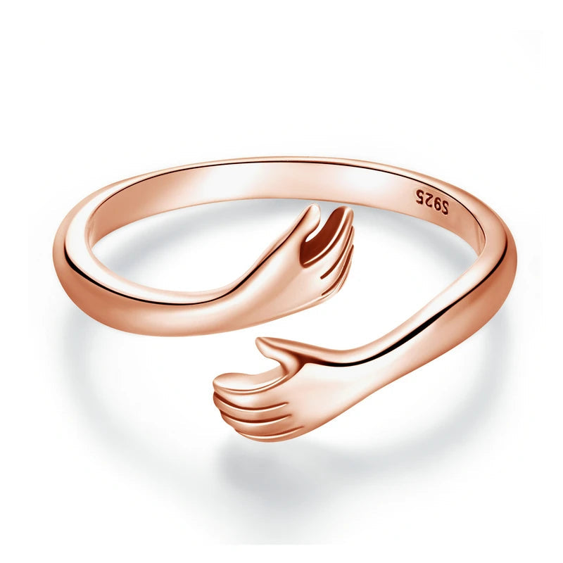 BAMOER 925 Sterling Silver Hug Open Ring Warm Love Hand Adjustable Glossy Ring for Women, His Big Loving Family Party Gift Quick Pick Grocers