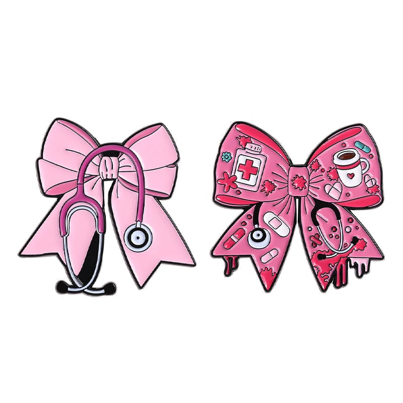 Pink Bowknot Medical Tools Stethoscope Enamel Pins Surgical Gloves Capsule Band Aid Brooches Clothes Lapel Badges Jewelry Gift Quick Pick Grocers