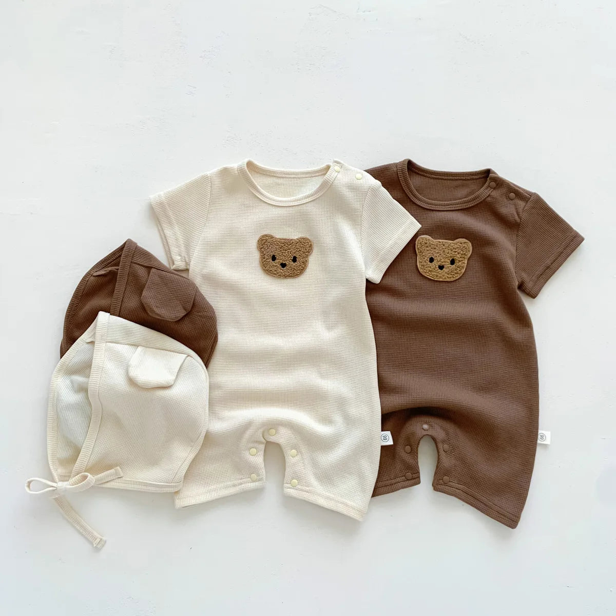New In Summer Kids Baby Girls Boys Short Sleeve Waffle Patch Bear Infant Newborn Jumpsuits Cotton Romper Gift Hat with Ear Econic Blanks