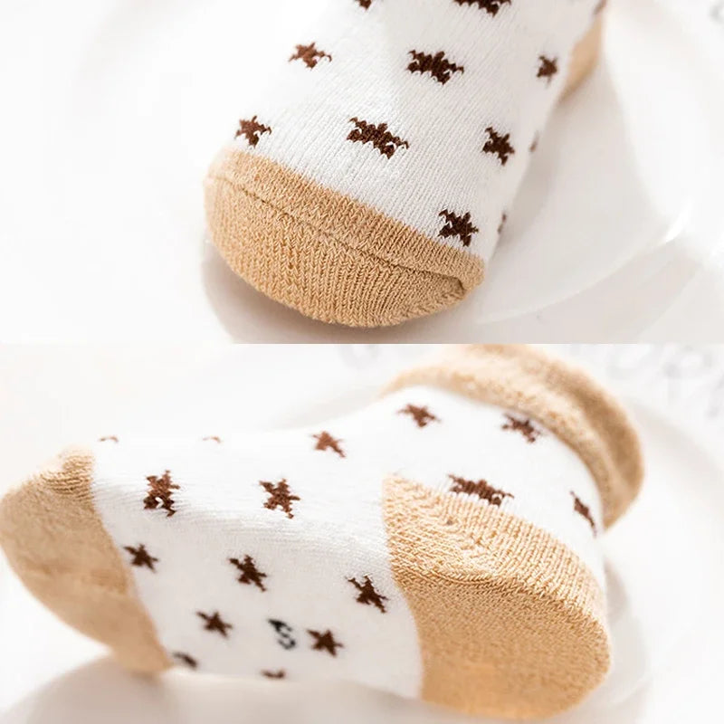 5 Pairs Autumn Winter Warm Strip Baby Sock Cute Cartoon Dot Thick Infant Floor Sock Soft Star Pattern Newborn Toddler Sock Purest Peak