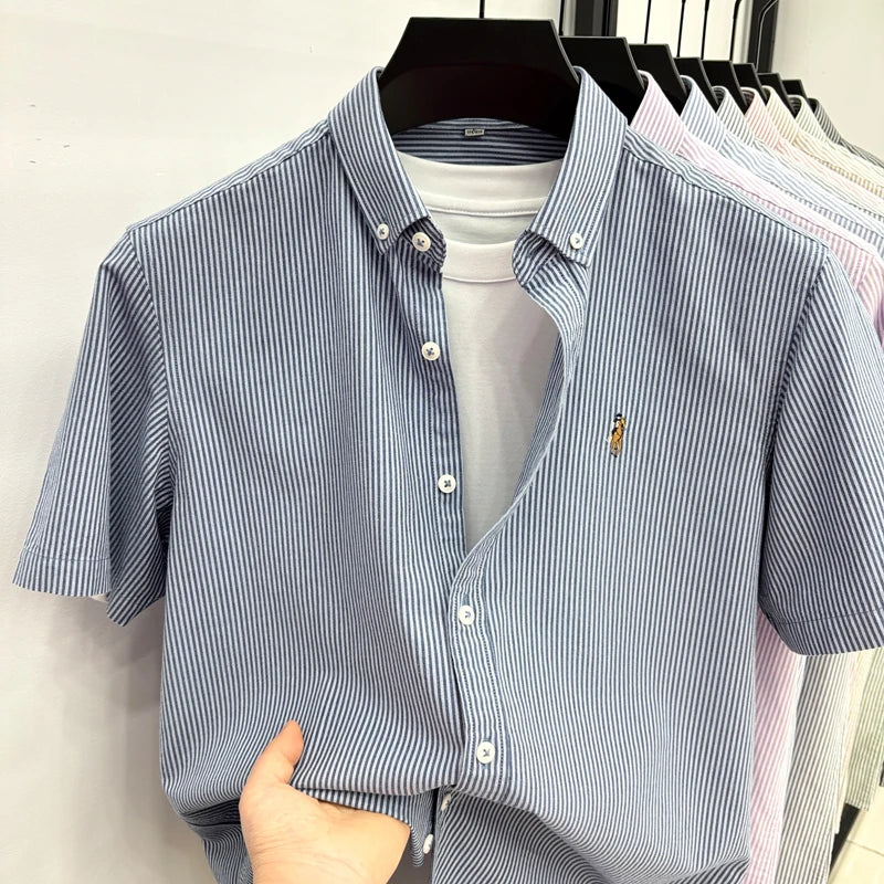 High End Brand Embroidered Striped Shirt Men's Short Sleeved Lapel Business Breathable Shirt Summer New Pure Cotton Jacket Quick Pick Grocers