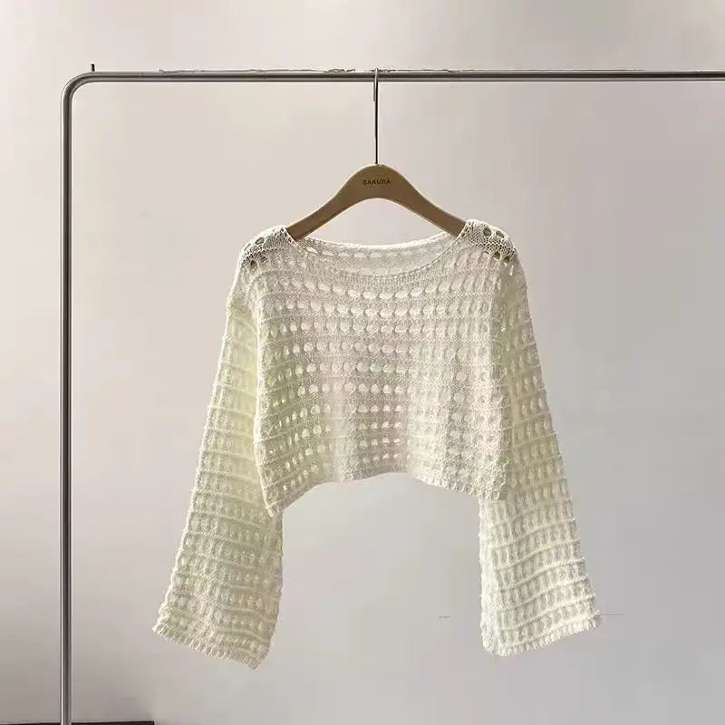 Long Sleeve Crochet Knit Top Summer Beach Bikini Cover Up Crop Pullover Wool Knitwear Blouse Women Vacation Boho Outfit Quick Pick Grocers