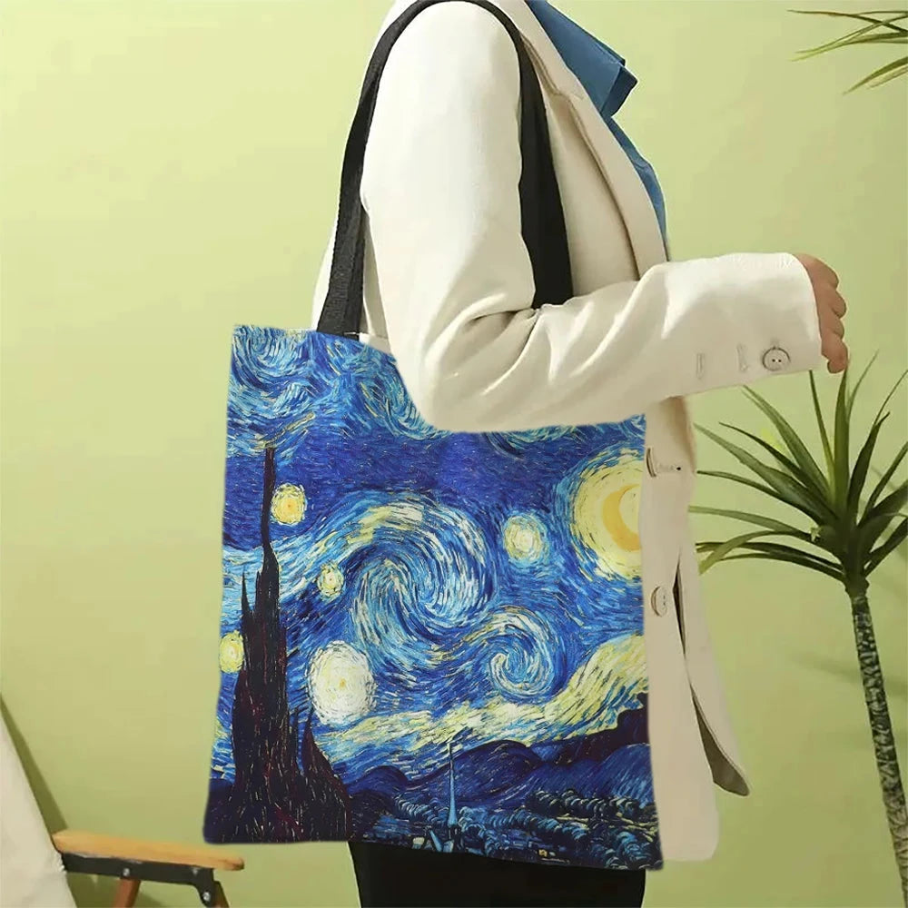 Canvas Bag Van Gogh Series Canvas Bag Oil Painting Starry Night Sunflower Apricot Flower Coffee Holder Handbag 30X35cm Econic Blanks
