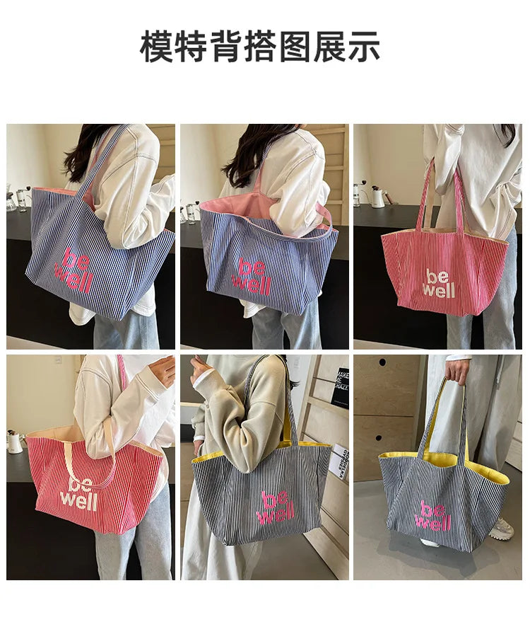 Casual Large Stripe Women's Shoulder Bag 2025 New Fashion Commuter Tote Bag High Capaci Canvas Handbag for Youth bolso mujer Quick Pick Grocers