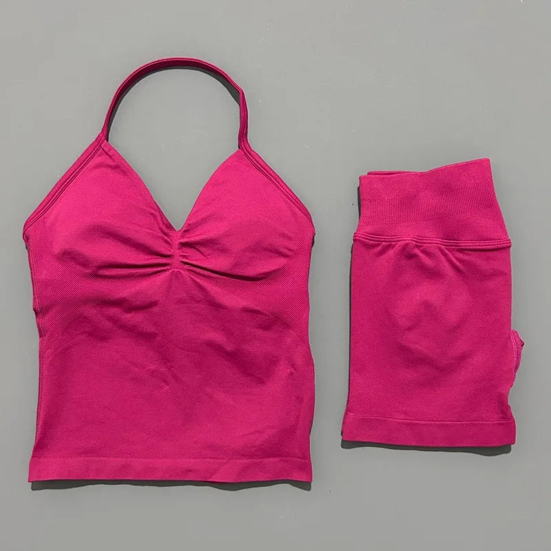 HISTELLO 2 Pieces Sports Set Women Yoga Longline Strap Top Scrunch Seamless Shorts Sport Gym Set Sportswear Workout Fitness Set Quick Pick Grocers