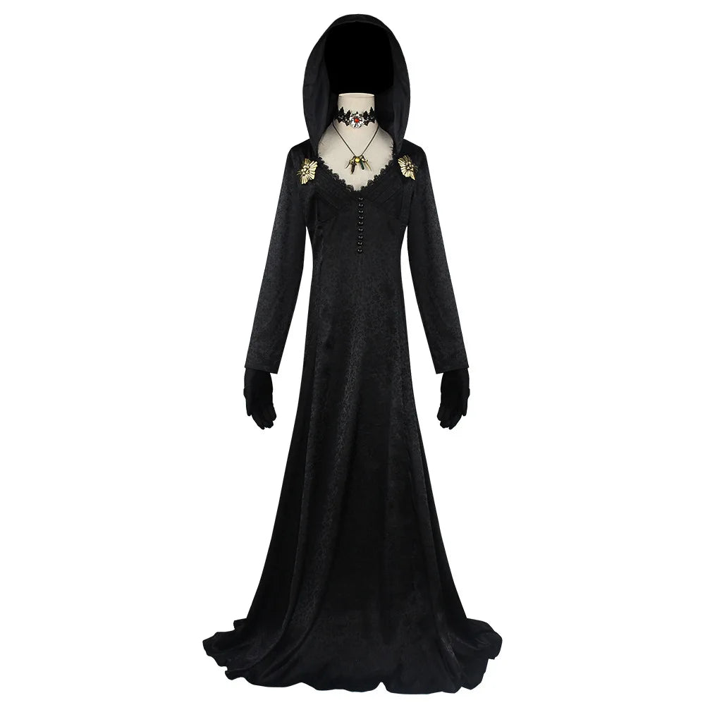 In Stock Moth Lady Evil Cosplay Fantasia Village Vampire Lady Dimitrescu Costume Women Black Dress Halloween Carnival Party Suit Quick Pick Grocers