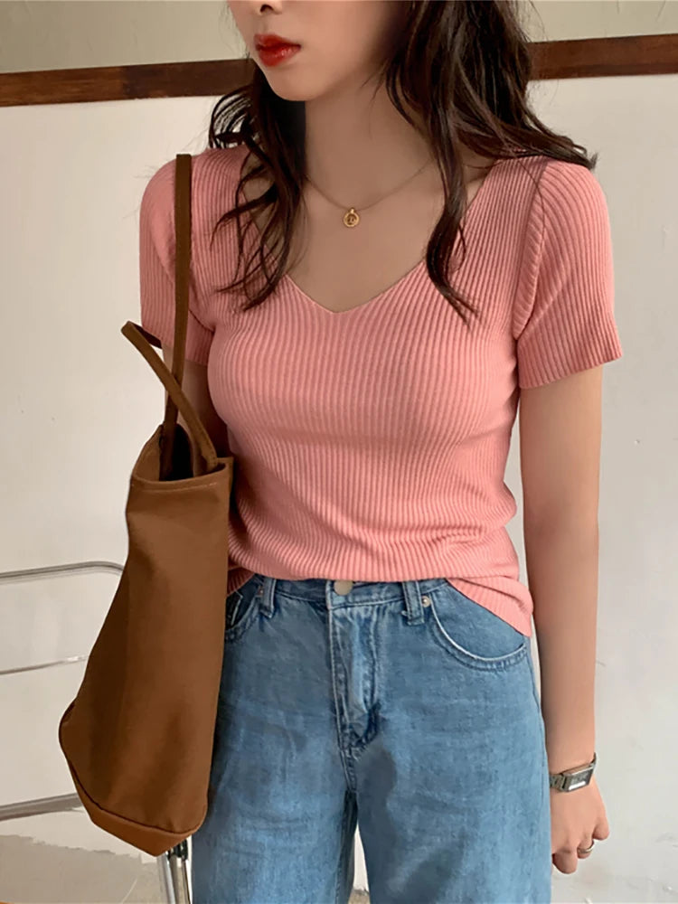 AOSSVIAO 2026 Basic V-neck Solid Thin Summer Pullover Women Female Knitted Ribbed Sweater Slim Short Sleeve Bodycon Sweater Quick Pick Grocers