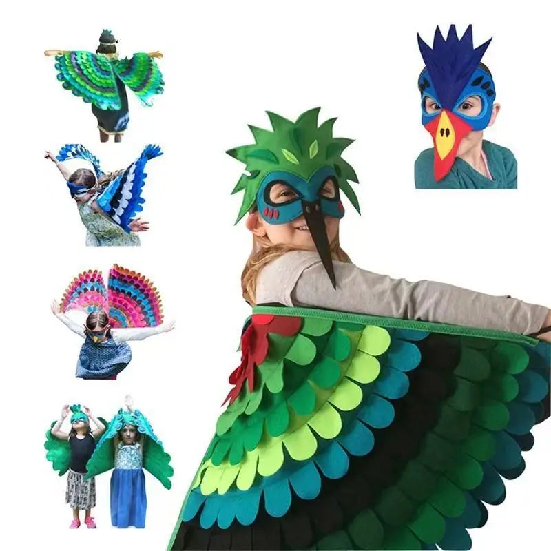 Bird Cosplay Costume Stage Performance Owl Peacock Wings Bird Felt Cape with Mask for Girls Boys Halloween Party Cloak Quick Pick Grocers