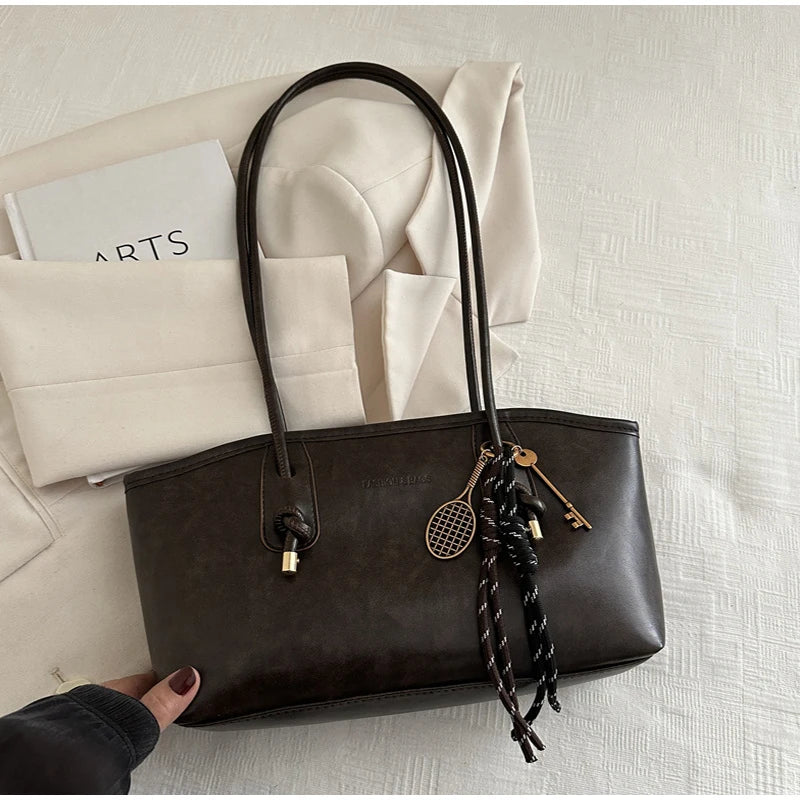 European American Retro Tote Bag, Korean Fashion Shoulder Bags Advanced Simple Handbag New Large Capacity Pendant Versatile Bags Quick Pick Grocers