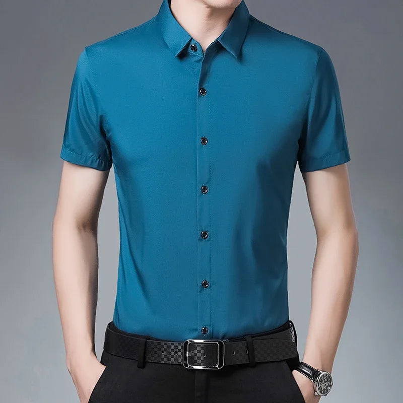 Men's Business Casual Solid Color Short Sleeved Shirt Non Ironing Comfortable Top Quick Pick Grocers
