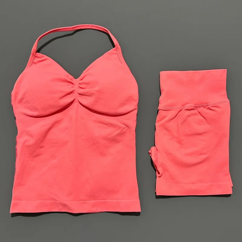 HISTELLO 2 Pieces Sports Set Women Yoga Longline Strap Top Scrunch Seamless Shorts Sport Gym Set Sportswear Workout Fitness Set Quick Pick Grocers