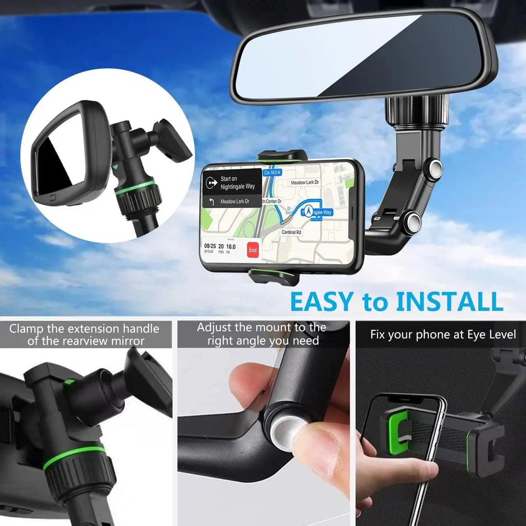 Rearview Mirror Phone Holder 360° Rotatable and Retractable Car Phone Mount Multifunctional Rear View Mirror Holder for All Car Quick Pick Grocers