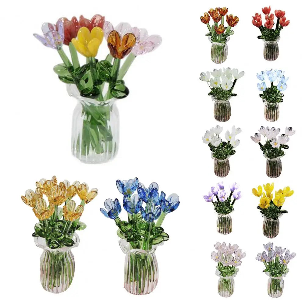 Glass Flower Decor Handcrafted Floral Sculpture Hand-blown Glass Flower Bouquet with Vase Mini Floral Decoration for Home Room Quick Pick Grocers