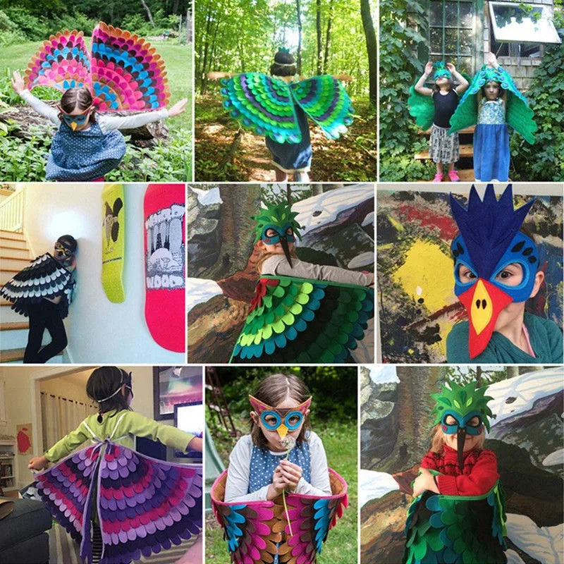 Bird Cosplay Costume Stage Performance Owl Peacock Wings Bird Felt Cape with Mask for Girls Boys Halloween Party Cloak Quick Pick Grocers