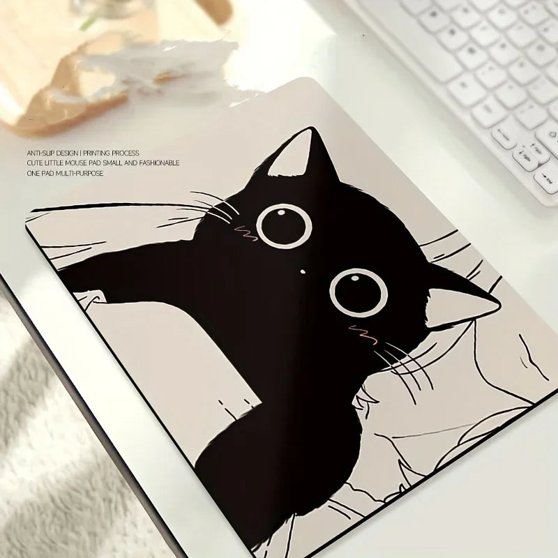 Black Cat Illustration Mouse Pad Small Office Table Mats Computer Accessories Washable Non-slip Rubber with Precision Lock Edge Quick Pick Grocers