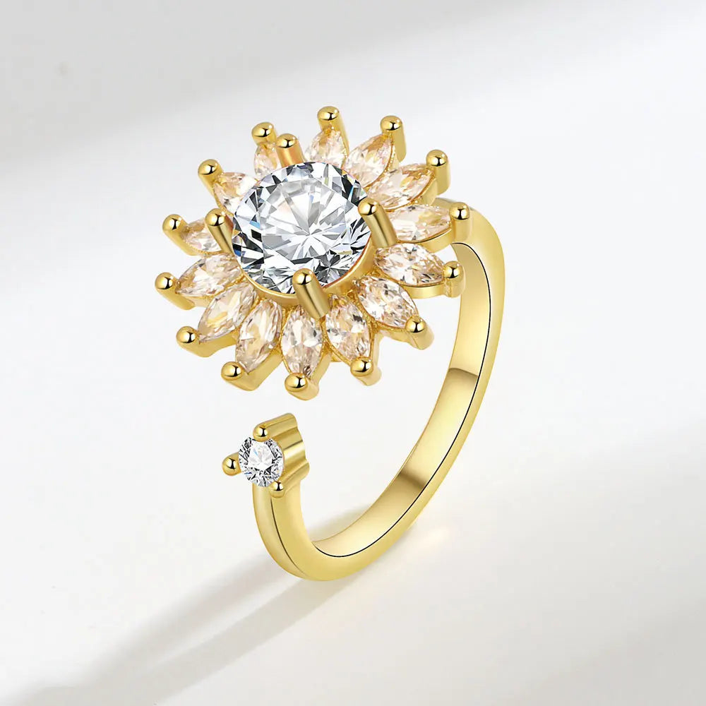 VENTFILLE 925 Sterling Silver Sunflower Diamond Zircon Rotatable Ring For Women Gift Relieve Stress Ring Jewelry Wholesale Quick Pick Grocers