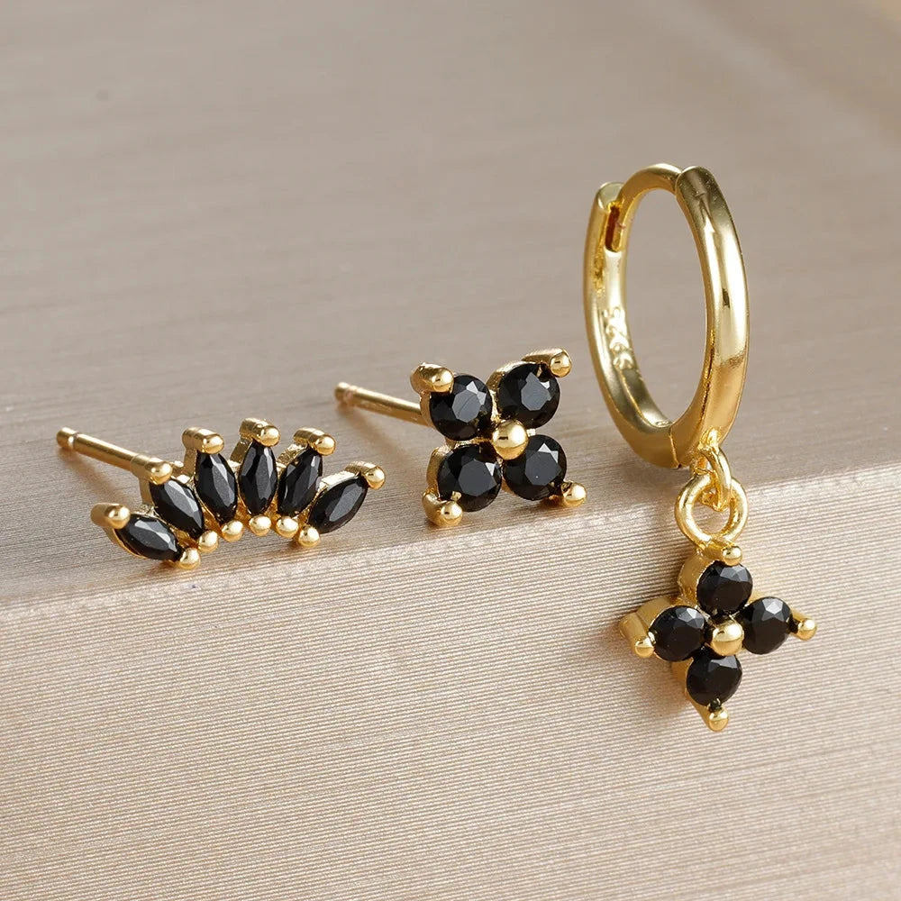 3PCS Fashion Orange Blue Zircon Hanging Earrings Set for Women Stainless Steel Flower Dangle Earring Piercing Jewelry Econic Blanks