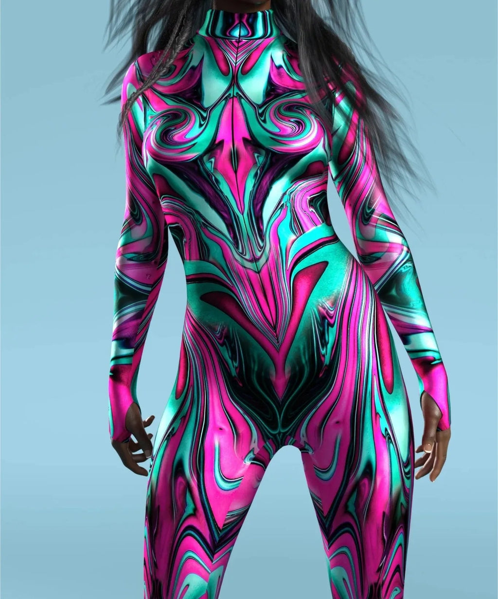 Colorful Rainbow Abstract Geometry 3D Print Women Sexy Skinny Jumpsuit Carnival Holiday Party Cosplay Costumes Fancy Bodysuit Quick Pick Grocers