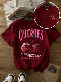 Summer Sweeter Cherries Prints T-Shirts Womens Cotton Oversized T Shirts Basic O-Neck Short Sleeve Tops Casual Woman Clothes Quick Pick Grocers