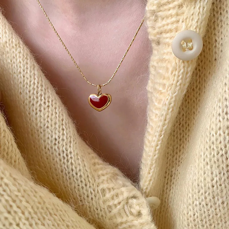 2025 Mothers Day Red Heart Pendant Stainless Steel Gold Color Chain Necklace for Women Non Fading Jewelry Sweet Accessories Gift Quick Pick Grocers