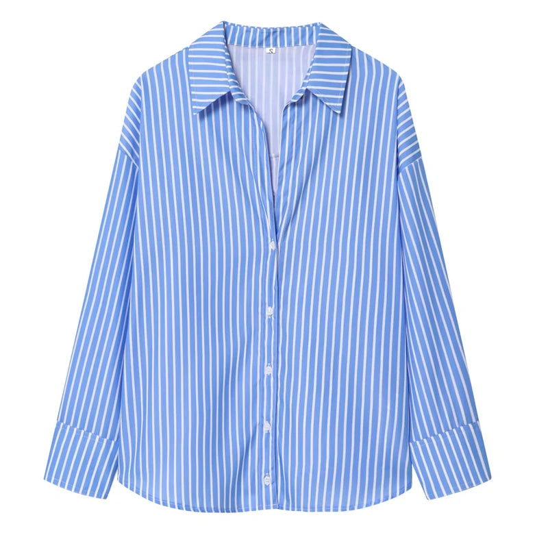 HXAO 2025 Woman Blouses Long Stripe Shirts Women Spring Summer Long Sleeve Blue White Shirt Woman Large Tops Button Up Shirts Quick Pick Grocers