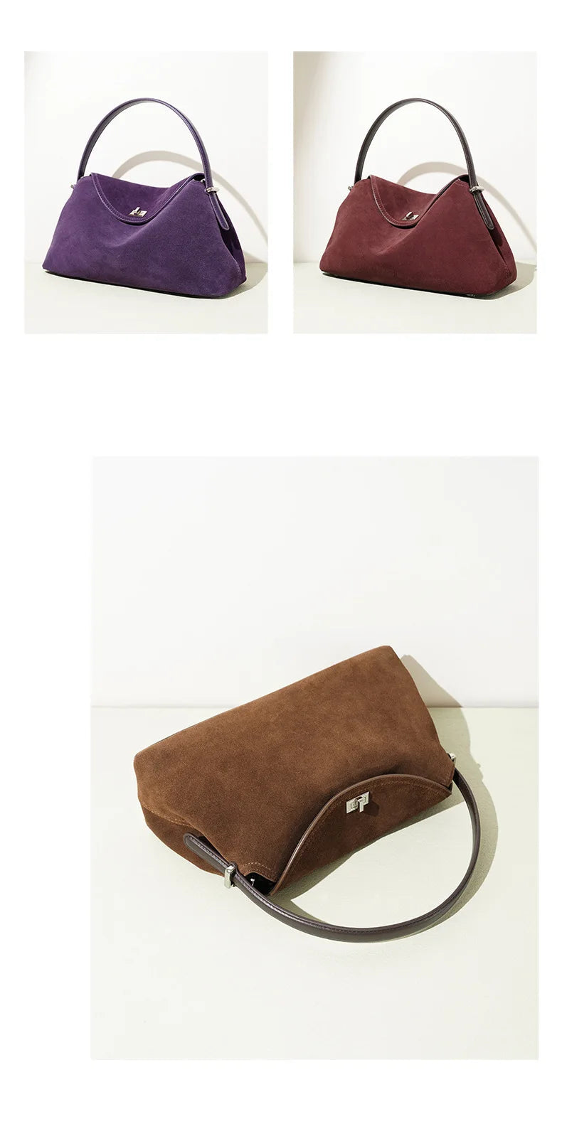 2026 Autumn Winter All-match Bowling Tote All-match Matte Suede Cowhide Leather Women Shoulder Bag Coffee Purple Noble Handbag Quick Pick Grocers