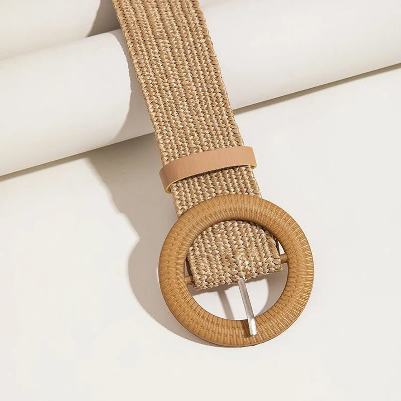 1pc Women Round Buckle Boho Straw Belt For Beach Ellipse Buckle Bead Decor Bohemian Woven Belt For Holiday Quick Pick Grocers