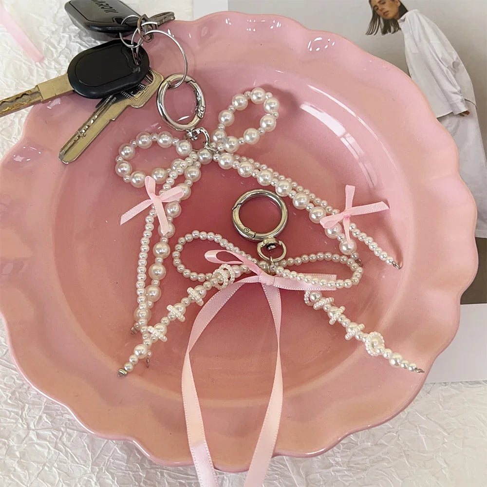 2026 New Korean Fashion Sweet Pearl Bow Keychain Heart Pendant Keyring Y2K Ins Aesthetic Holder for Girl Bag Pendant Accessories Quick Pick Grocers