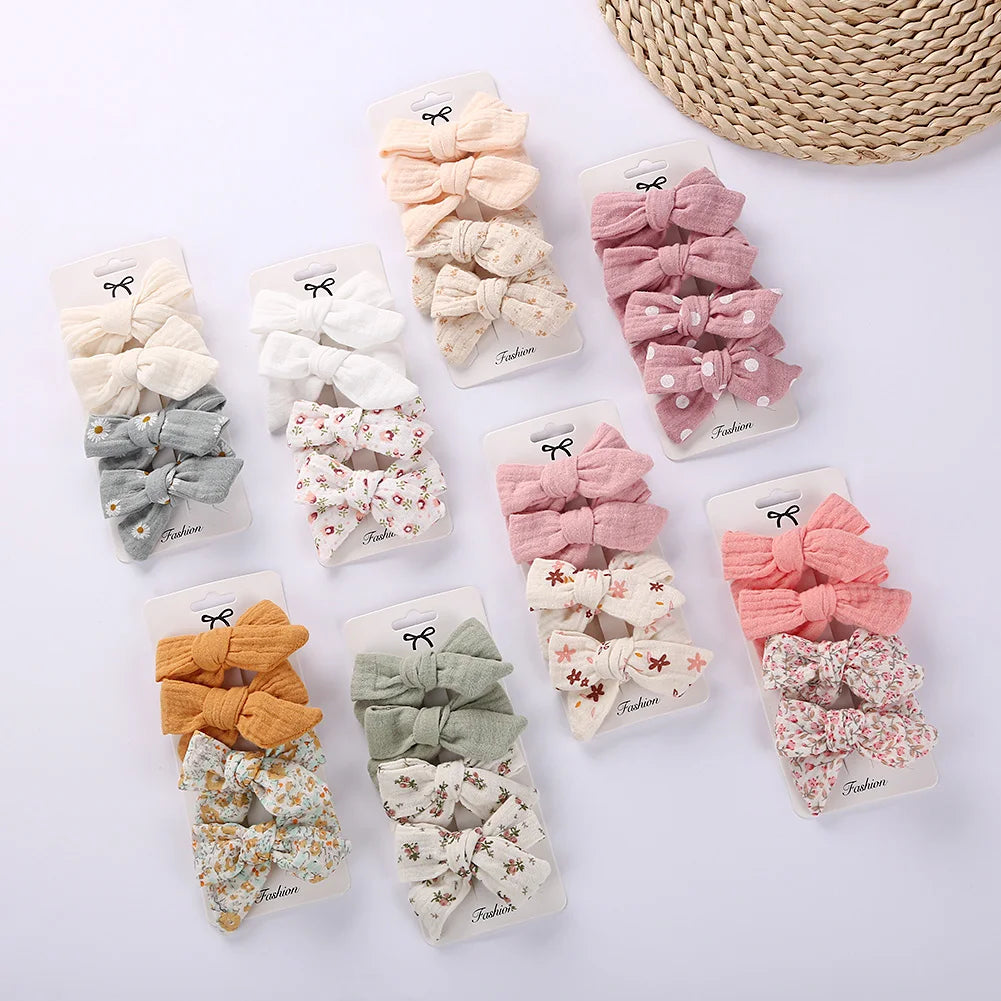 4Pcs/Set Baby Bows Hair Clips Muslin Girls Hairpins Hairclip For Kids Cotton Linen Barrette Flower Print Side Pin  Accessories Purest Peak