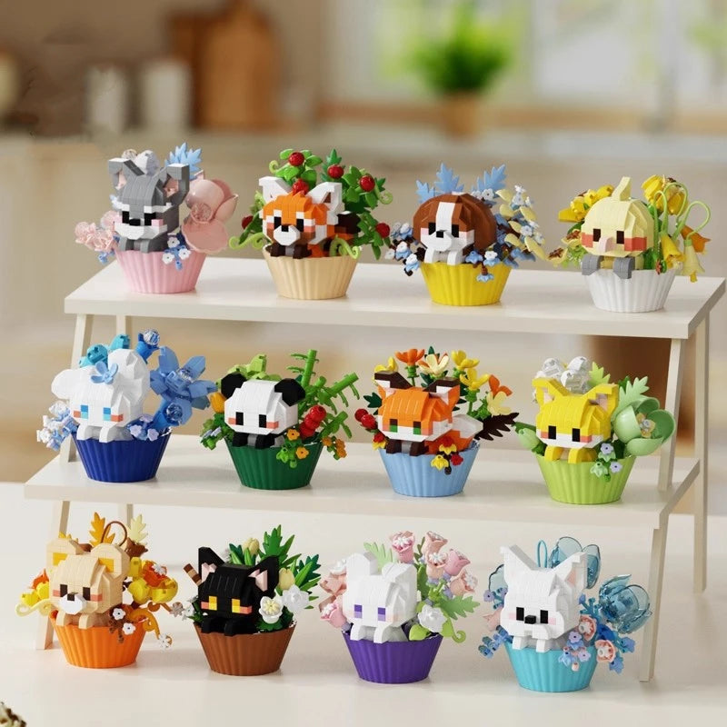 Cute dessert small animals potted bouquet cartoon doll panda puppy building block ornament children toys gift Quick Pick Grocers