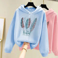 Women Fashion Feather Printed Hoodies Autumn Winter Plus Velvet Casual Loose Sweatshirt Econic Blanks