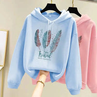 Women Fashion Feather Printed Hoodies Autumn Winter Plus Velvet Casual Loose Sweatshirt Econic Blanks