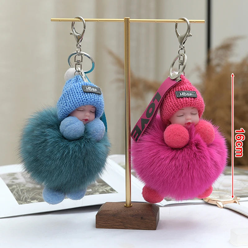 Pompom Sleeping Baby Keychain Cute Fluffy Plush Doll Keyholder Women Girl Bags Keyrings Cars Key Ring Gift Charming Decoration Quick Pick Grocers