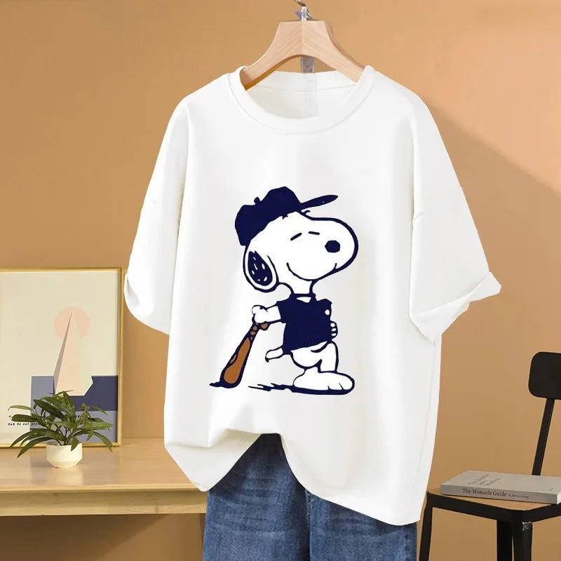 Snoopy Baseball Cartoon Anime Women T-shirt Summer Short Sleeve 100% Cotton Men Tee Shirts Tops 2025 New Fashion Couple Clothes Quick Pick Grocers