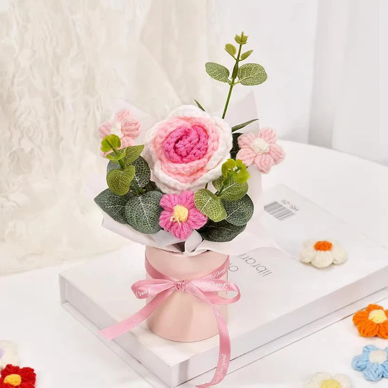 Knitted Flower Bouquet Crochet Rose Flowers Hugging Bucket New Year Gifts Living Room Desk Decoration Mother's Day Gift Quick Pick Grocers
