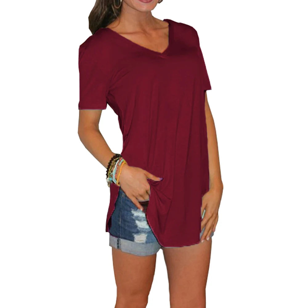 Summer solid color blouse V-neck short sleeve loose T-shirt hem arc women clothes Quick Pick Grocers