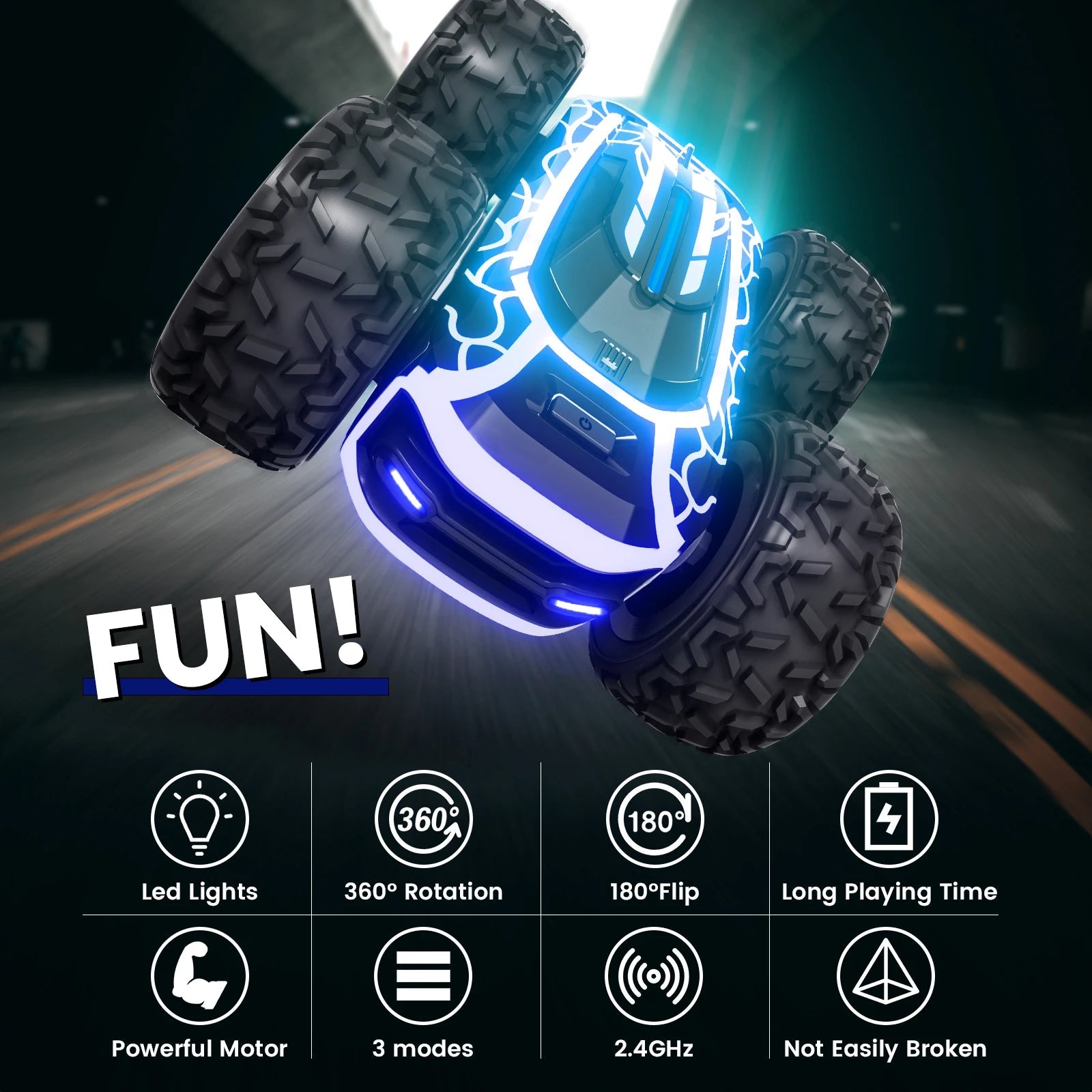 Sinovan Remote Control Car with Lights for Boys 4-7, 2.4GHz Rc Stunt Cars for Kids, 360°Rotating Double Sided RC Car Toys Black Econic Blanks