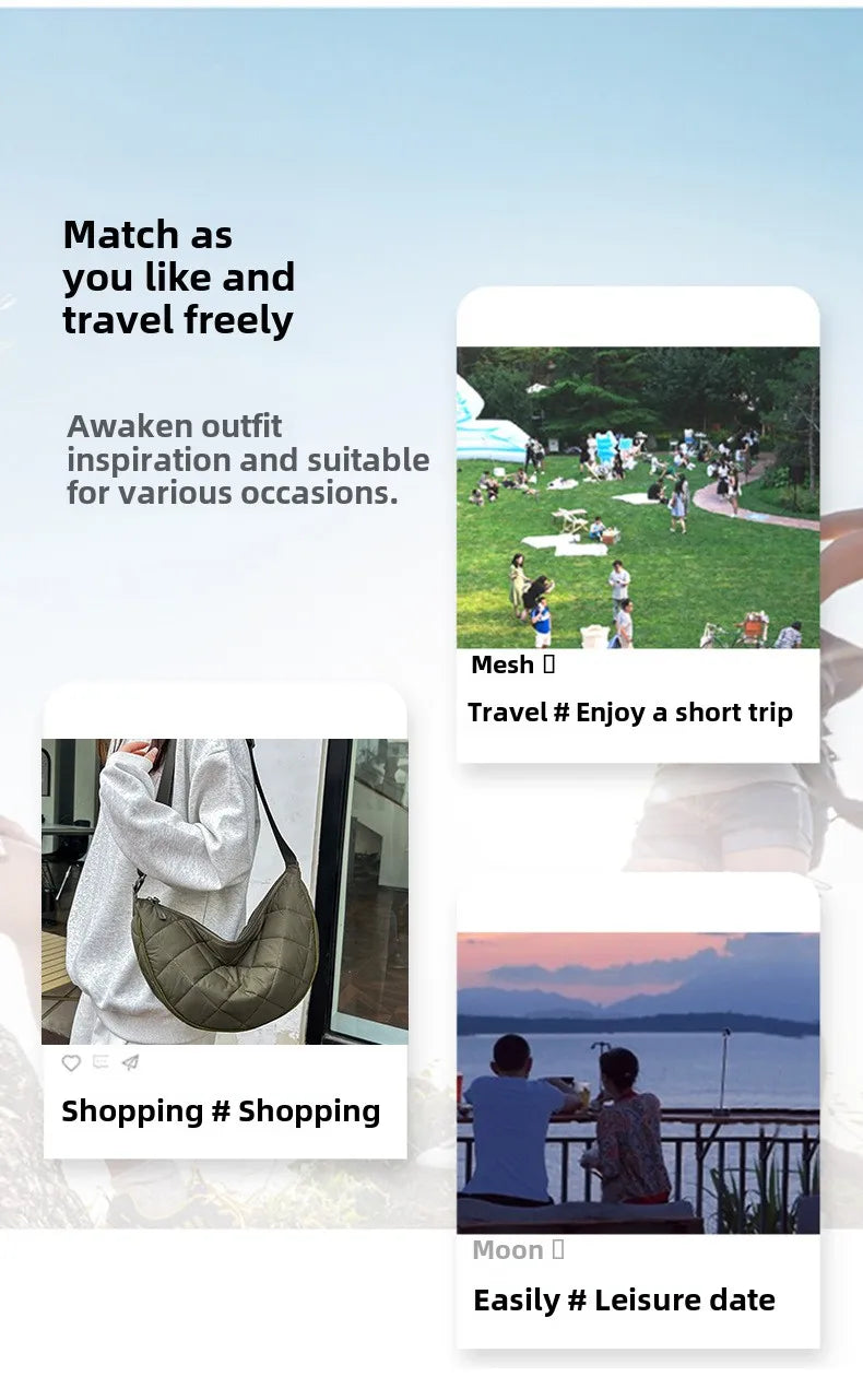 Waist Half Moon Belt Bag Solid Color Crossbody Bag Large Capacity Shoulder Bags Portable Nylon Plaid Travel Bags for Commuting Quick Pick Grocers