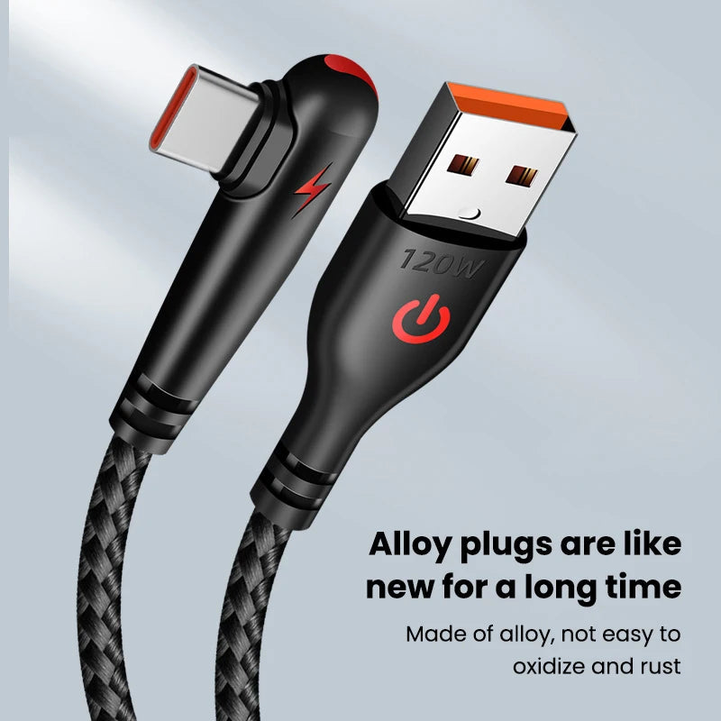 120W USB To Type-C Cable 90 Degree Elbow Mobile Phone Fast Charging For Huawei Mate 40 30 Xiaomi Samsung Phone Charging Cord Quick Pick Grocers
