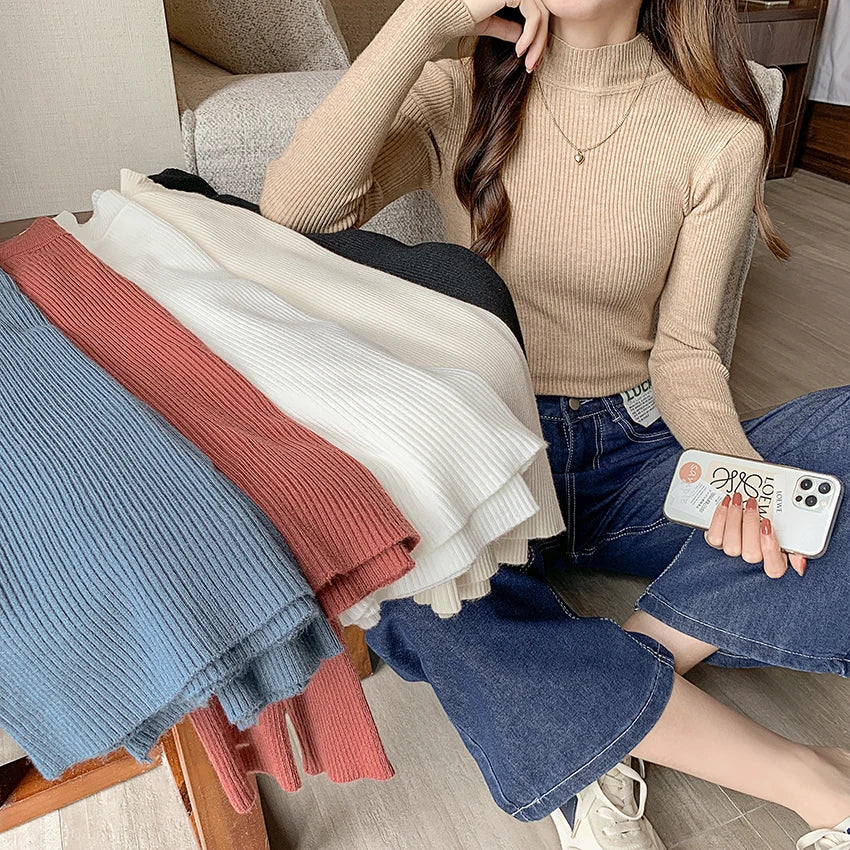 Autumn Winter Mock Neck Women Sweater Vintage Basic Solid Knitted Tops Casual Slim Pullover Korean Sweaters Simple Chic Jumpers Quick Pick Grocers
