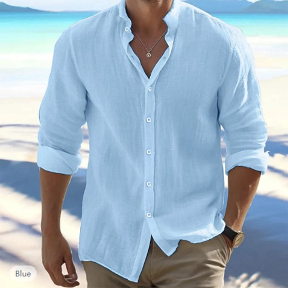 Cotton Linen Hot Sale Men's Long-Sleeved Shirts Summer Solid Color Stand-Up Collar Casual Beach Style Plus Size Quick Pick Grocers
