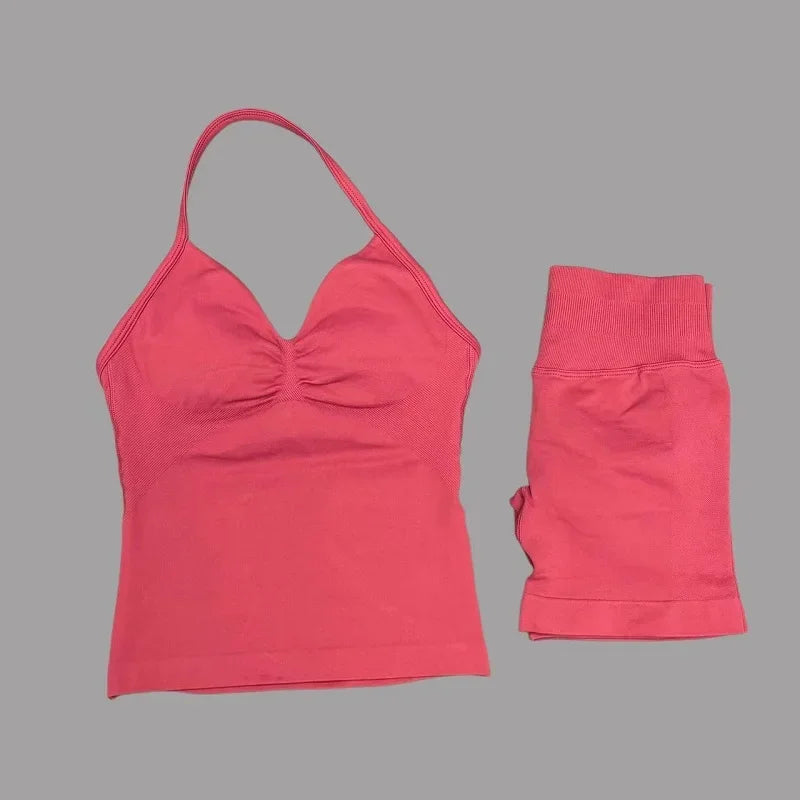 HISTELLO 2 Pieces Sports Set Women Yoga Longline Strap Top Scrunch Seamless Shorts Sport Gym Set Sportswear Workout Fitness Set Quick Pick Grocers