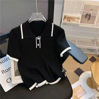 Ice silk knitted short sleeved T-shirt for women's summer 2024 new fashionable and stylish polo shirt top Quick Pick Grocers