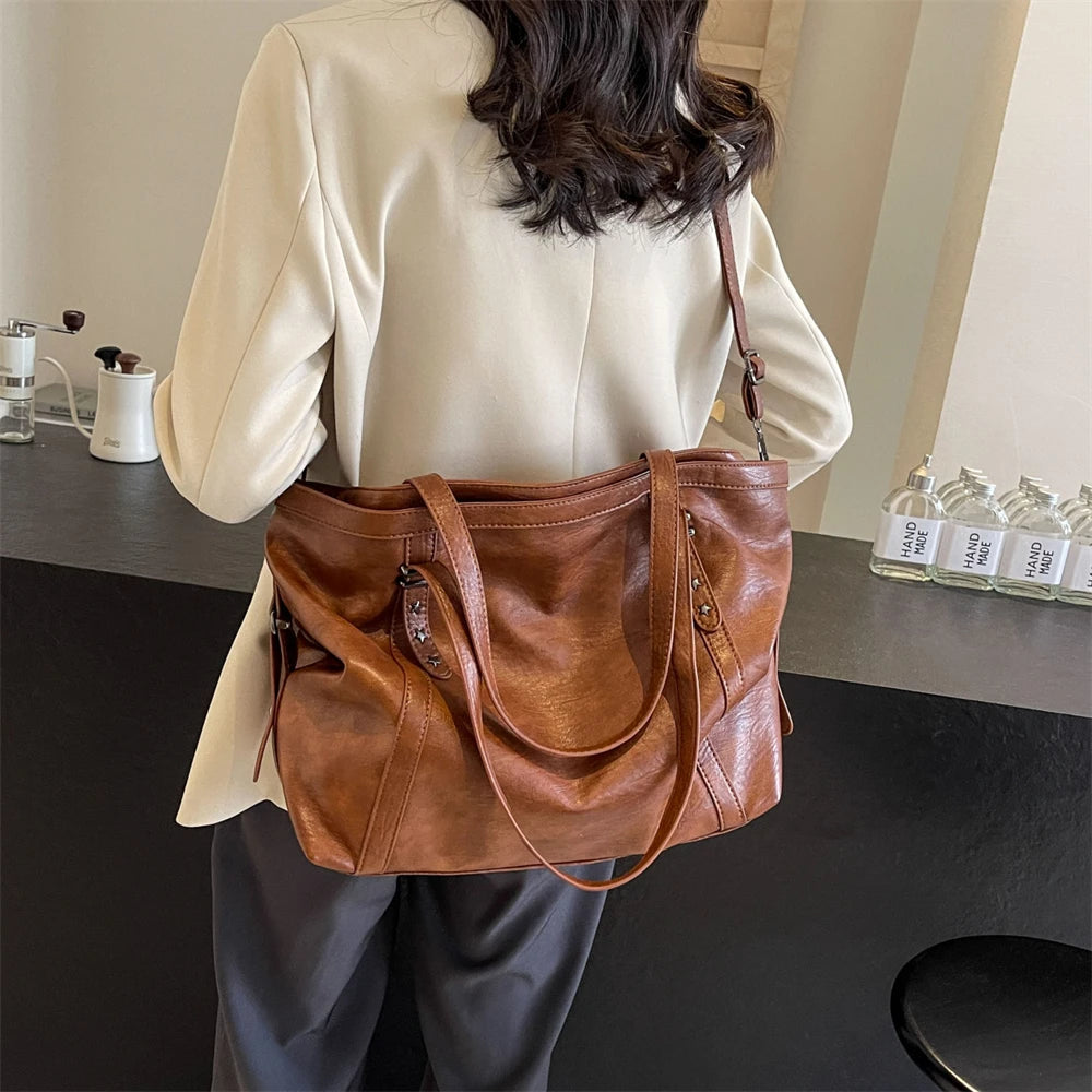 MOODS Large Sized Tote Bags For Women Soft PU Leather Pure Color Large Capacity Shopper Shoulder Crossbody Bag Quality Handbags Quick Pick Grocers