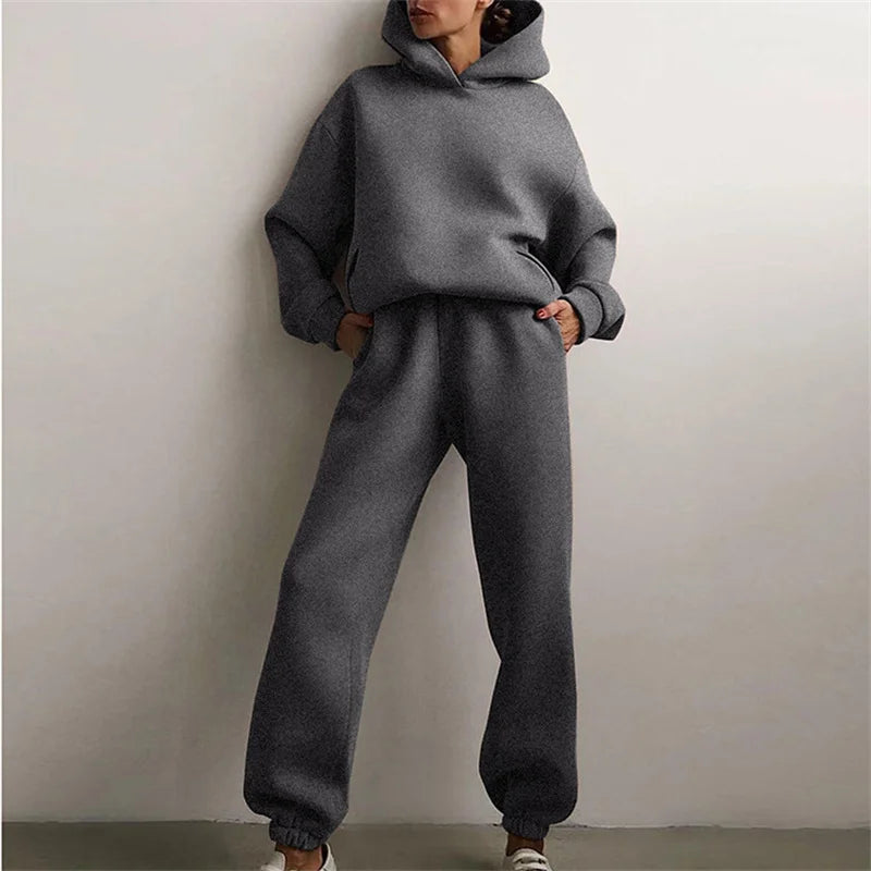 Women's Tracksuit Suit Autumn Fashion Warm Hoodie Sweatshirts Two Pieces Oversized Solid Casual Hoody Pullovers Long Pant Sets Quick Pick Grocers