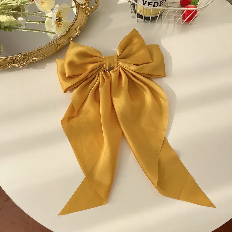 Korean Accessories Hair Clips for Women Girls Big Bowknot Solid Satin Long Ribbon Bows Spring Clamp Barette Cheveux Femme 2023 Quick Pick Grocers