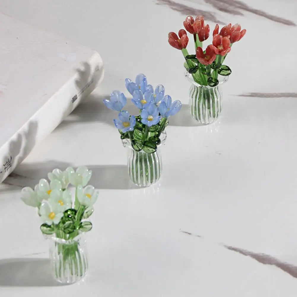 Glass Flower Decor Handcrafted Floral Sculpture Hand-blown Glass Flower Bouquet with Vase Mini Floral Decoration for Home Room Quick Pick Grocers