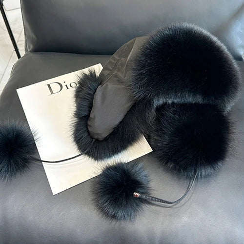2025 100% Real Fox Fur Hats Women's Russian Ushanka Aviator Trapper Snow Skiing Hat Caps Earflap Winter Raccoon Fur Bomber Hat Purest Peak