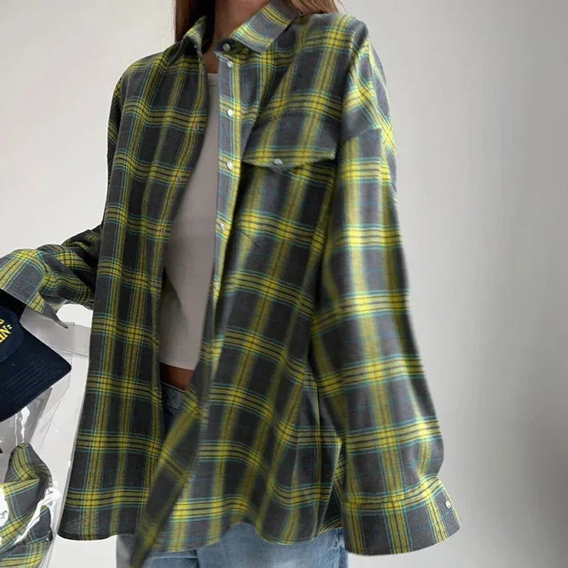 New Vintage Women Oversized Long Sleeve Plaid Shirt Blouse Tops Autumn Winter Button Down Loose Lapel Pocket Shirt Korean Style Quick Pick Grocers