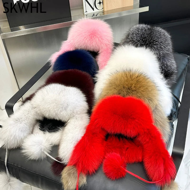 2025 100% Real Fox Fur Hats Women's Russian Ushanka Aviator Trapper Snow Skiing Hat Caps Earflap Winter Raccoon Fur Bomber Hat Purest Peak